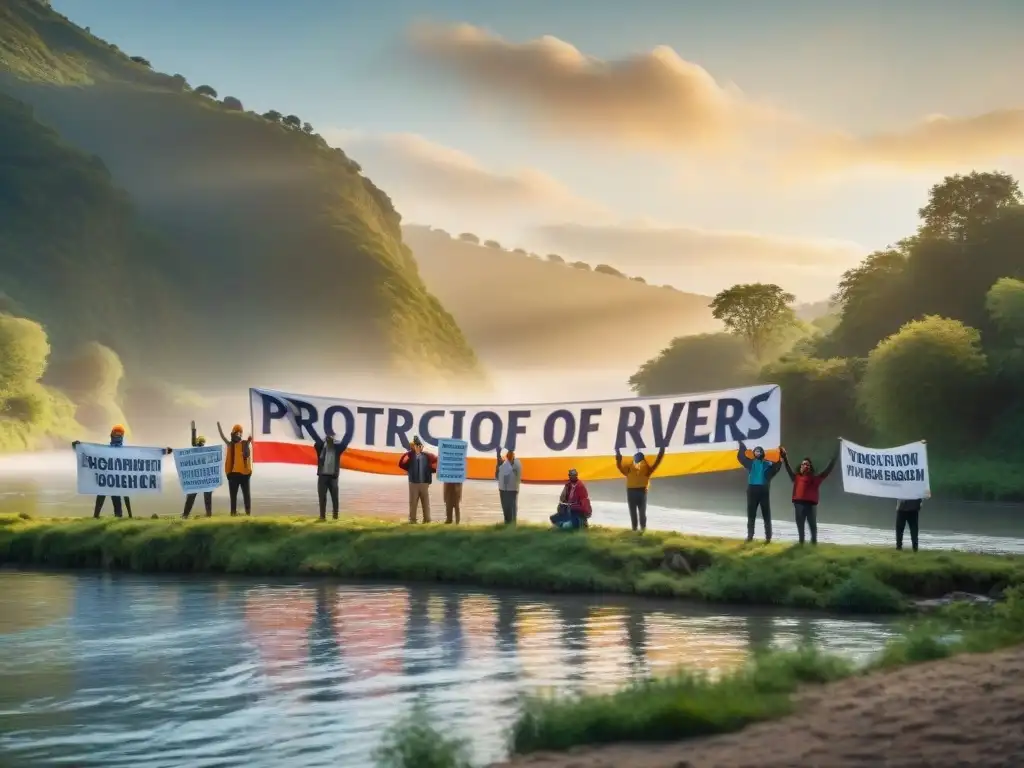 Activistas defienden ríos emblemáticos al atardecer Activistas por la protección de ríos emblemáticos al atardecer