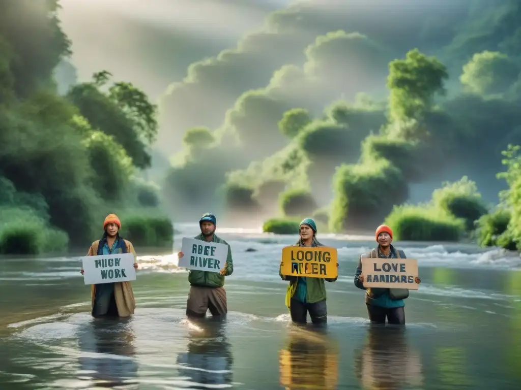 Activistas del río: Defendiendo la naturaleza con pasión Activistas ríos historias cambio naturaleza: Grupo de activistas de ríos con letreros ambientales en un río cristalino rodeado de naturaleza