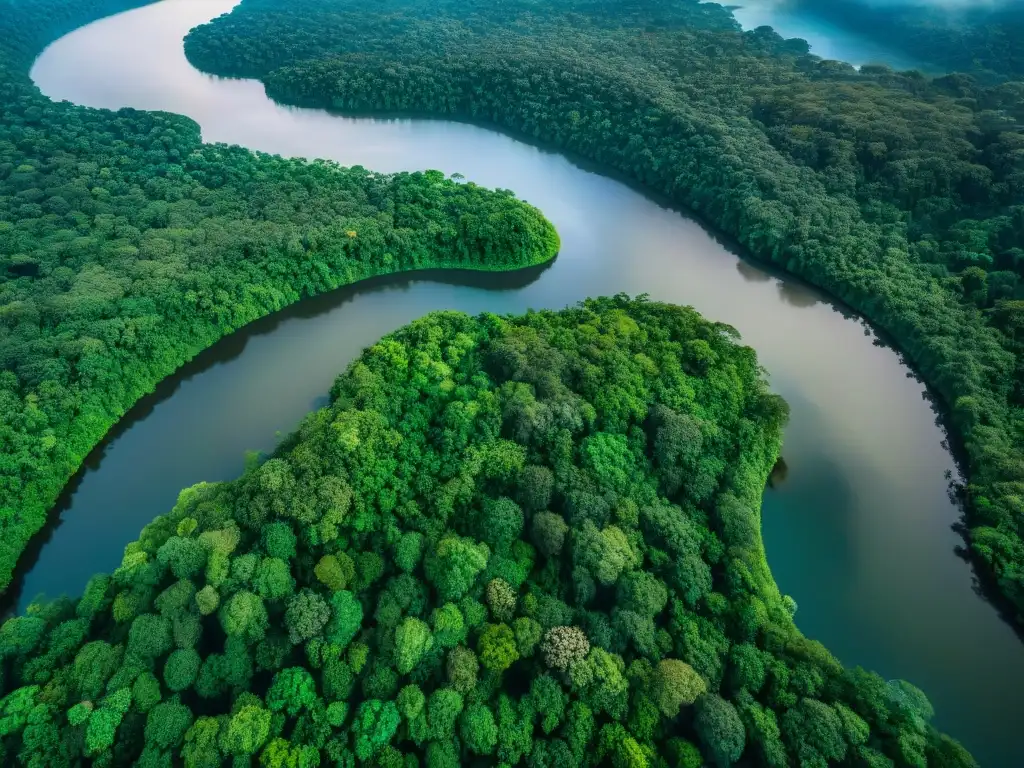 Amazonas: majestuoso río serpenteante en la selva verde Fotografía aérea de los ríos emblemáticos del Amazonas serpenteando entre exuberante vegetación