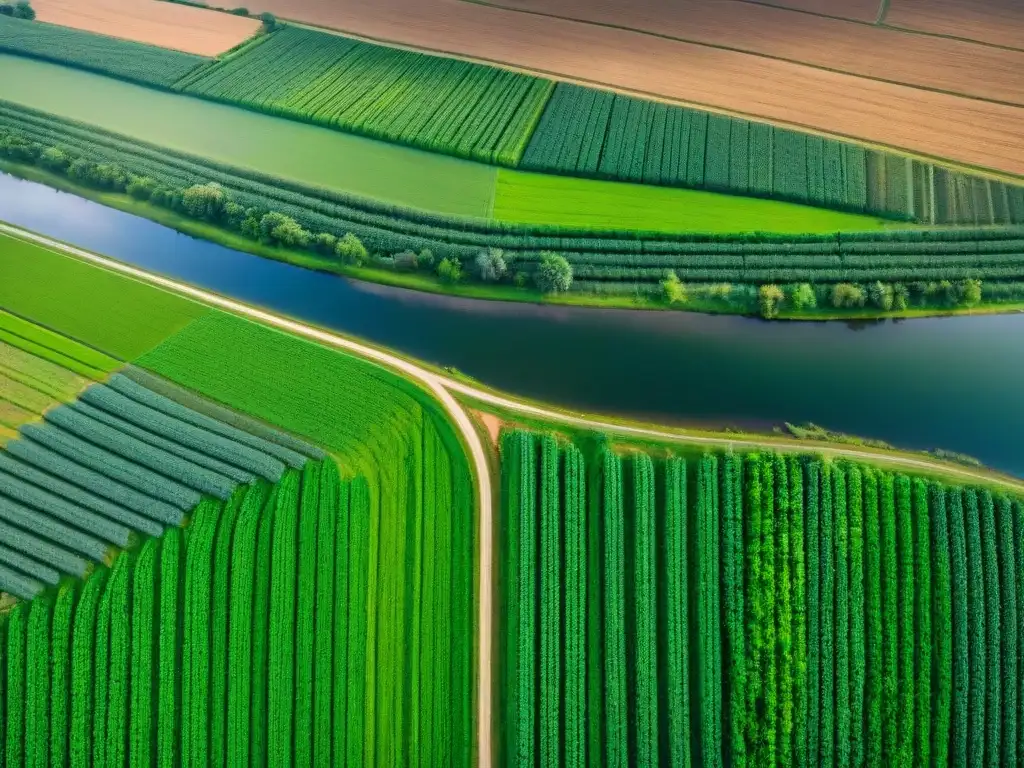 Campo agrícola tecnológico junto al río: equilibrio perfecto Fusión de tecnología y agricultura para optimización uso agua en campo verde junto a río