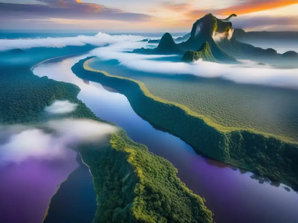 Amazonas al amanecer: majestuoso río en ultra alta definición Un amanecer en el Amazonas: red de ríos, vegetación exuberante y cielo vibrante reflejados en el agua