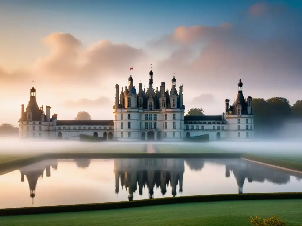 Amanecer misterioso en Chateau de Chambord: siluetas fantasmales Un amanecer brumoso en el Chateau de Chambord con figuras fantasmales, leyendas río Loira castillos fantasmas