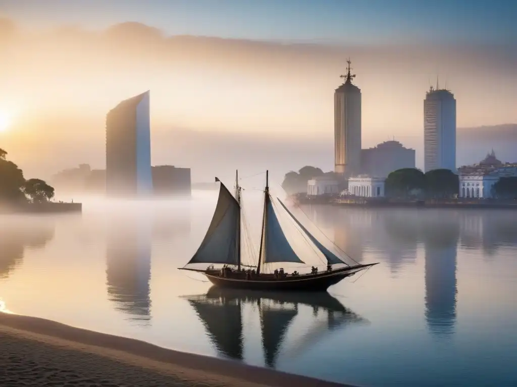 Majestuoso amanecer en el Río de la Plata Un amanecer brumoso en el majestuoso Río de la Plata, con el sol elevándose sobre el horizonte y bañando las tranquilas aguas con un brillo dorado