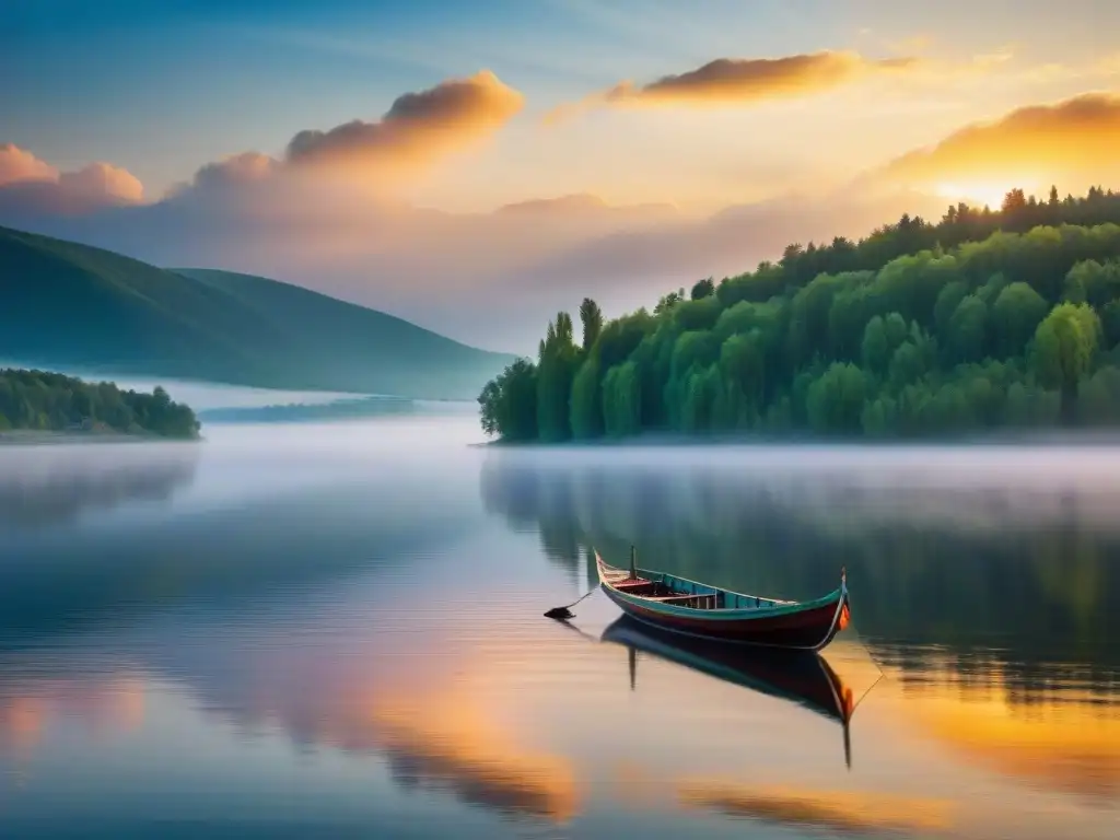 Amanecer mágico en el río Volga: reflejos y tranquilidad Un amanecer impresionante sobre las tranquilas aguas del río Volga, con niebla ascendente y reflejos del cielo en el río