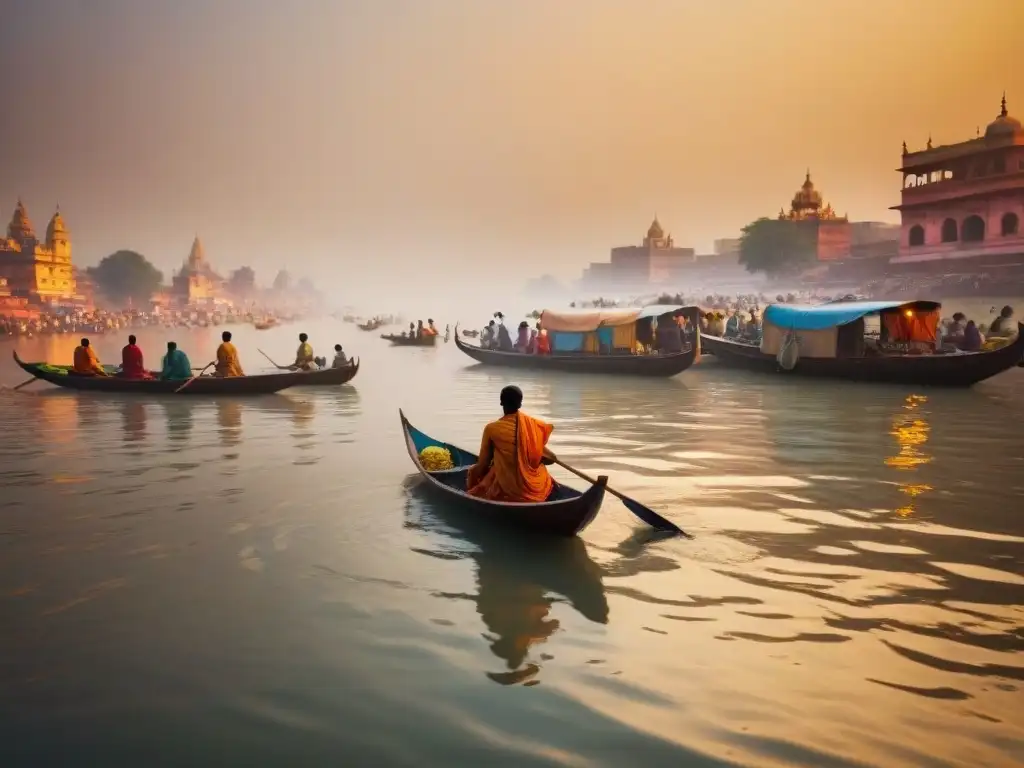 Río Ganges en Varanasi al amanecer: espiritualidad y serenidad Amanecer mágico en el río Ganges en Varanasi, India, con barcas y rituales matutinos en los ghats