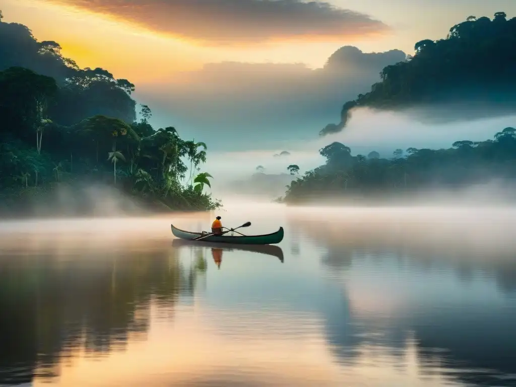 Amazonas al amanecer: Mistral mágico del río Un amanecer mágico en el río Amazonas, con la neblina sobre sus aguas y una canoa tradicional deslizándose en tranquilidad
