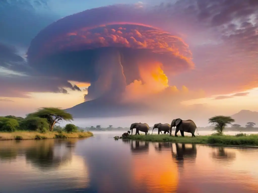 Amanecer mágico en el río Zambeze: belleza natural y vida salvaje Un amanecer mágico en el río Zambeze de África, con elefantes, aves coloridas y exuberante vegetación