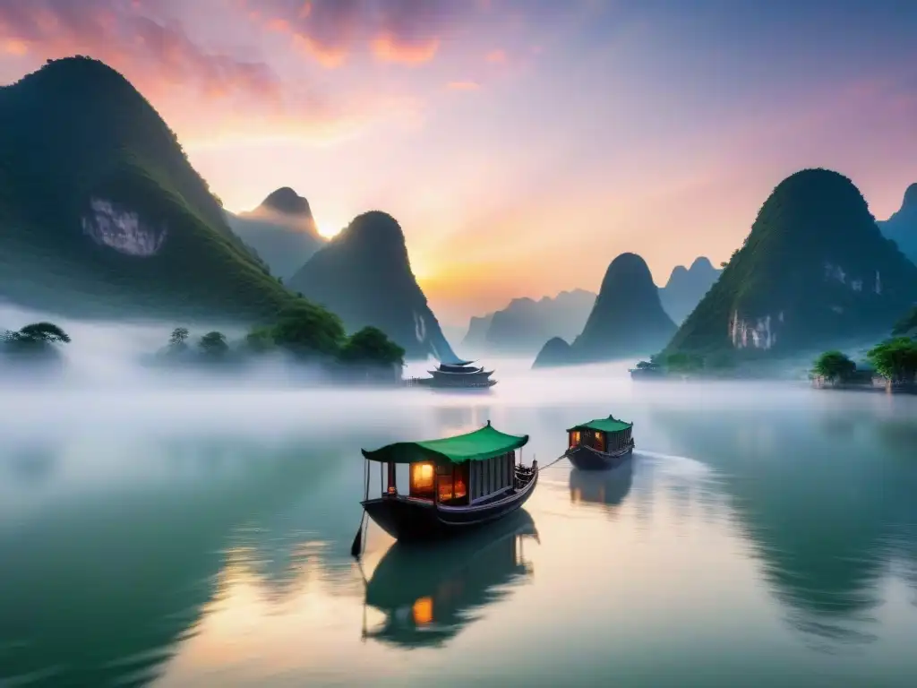 Esplendoroso amanecer en el río Yangtsé Un amanecer majestuoso sobre el río Yangtsé, con barcas de pescadores chinas en un paisaje sereno y encantador