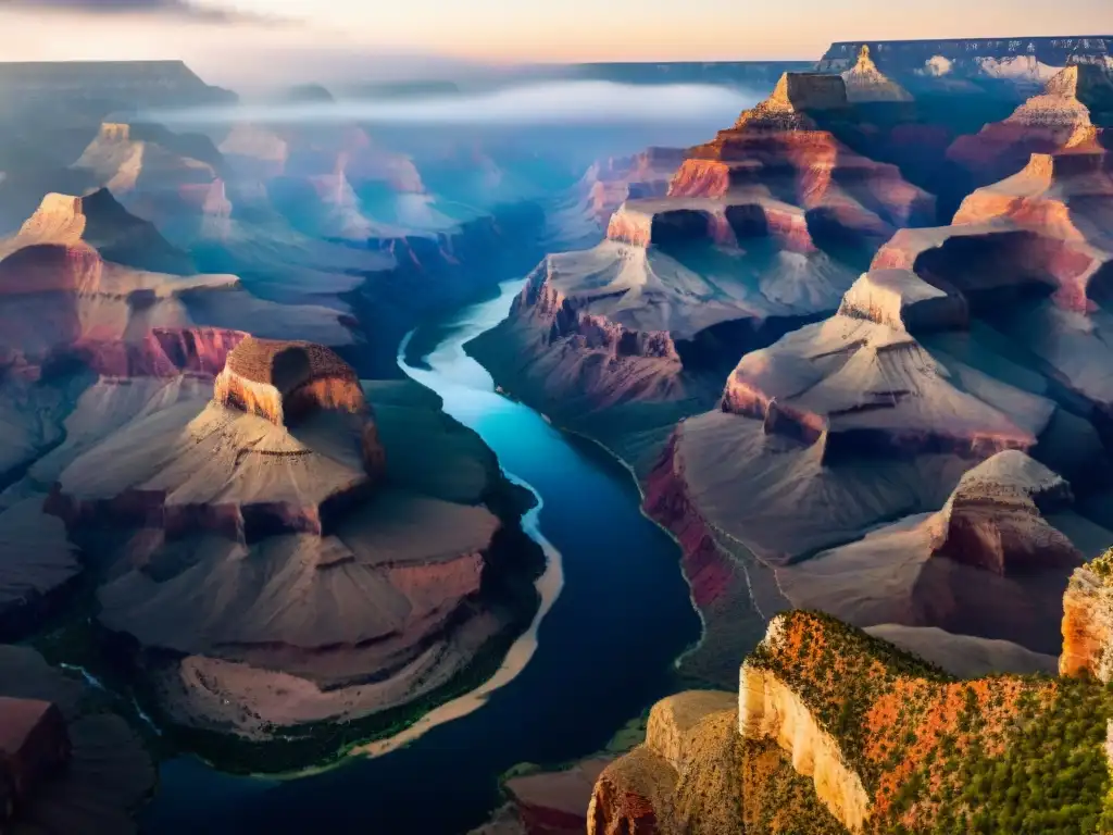 Espléndido amanecer sobre el Grand Canyon, la majestuosidad de la naturaleza capturada en detalle ultrarrealista Un amanecer en el majestuoso Gran Cañón, con el río Colorado serpenteando entre las formaciones rocosas rojas