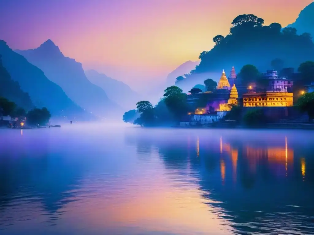 Esplendor dorado del Ganges al amanecer Un amanecer místico en el emblemático río Ganges, con su luz dorada reflejando la vida sagrada y los templos antiguos