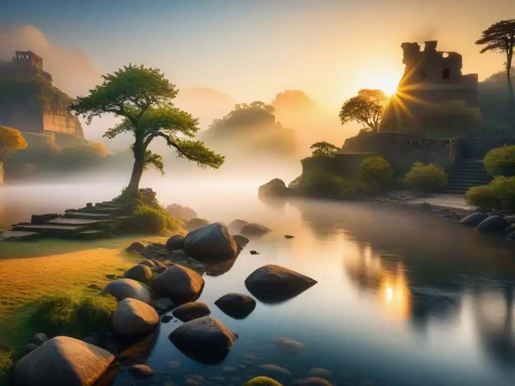Río místico al amanecer con ruinas antiguas y luz dorada Un amanecer místico en un río legendario, con ruinas antiguas emergiendo entre la niebla