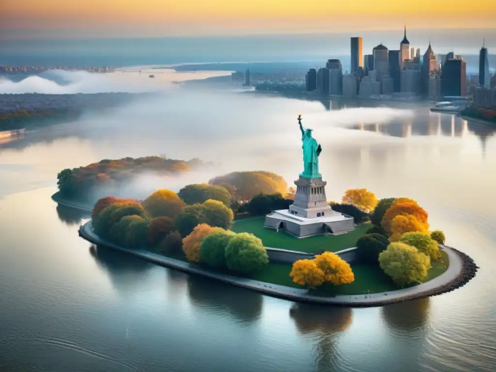 Amanecer sereno sobre el río Hudson: luz dorada y Estatua de la Libertad Un amanecer sereno sobre el río Hudson, con la estatua de la Libertad en la distancia, evocando mitología y literatura americana
