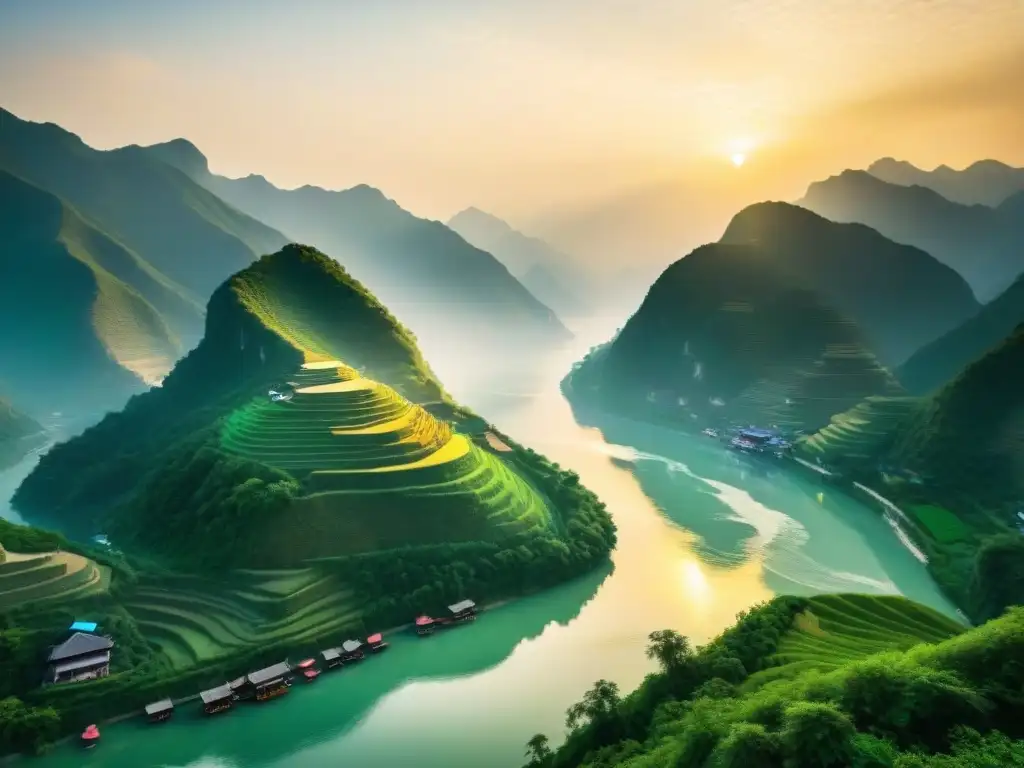 Yangtsé al amanecer: belleza serena en la naturaleza Un amanecer vibrante en el majestuoso río Yangtsé, con barcos de pesca tradicionales y montañas brumosas al fondo