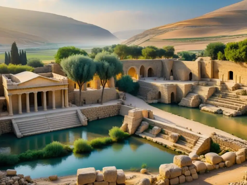 Ruinas de Bet She'an: historia y belleza junto al río Jordan Antiguas ruinas de Bet She'an y el río Jordán, historia del río Jordán culturas en atardecer