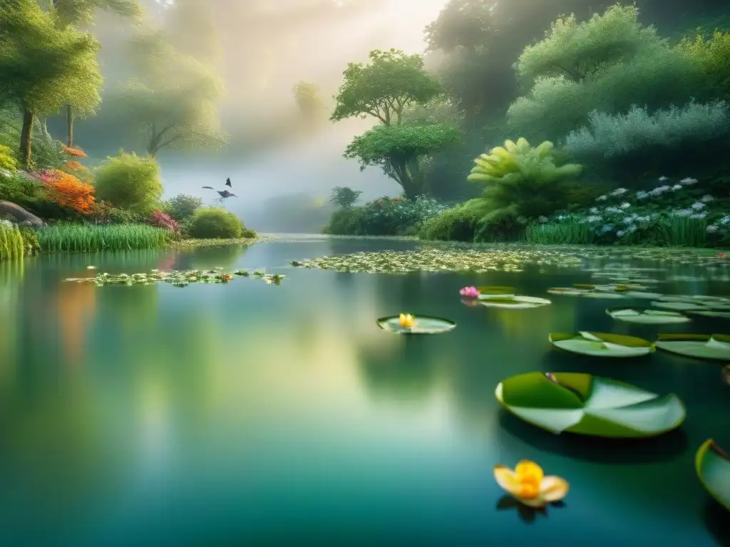 Río sereno: ilustración detallada de la naturaleza vibrante Un apacible río con exuberante flora y fauna, reflejando serenidad
