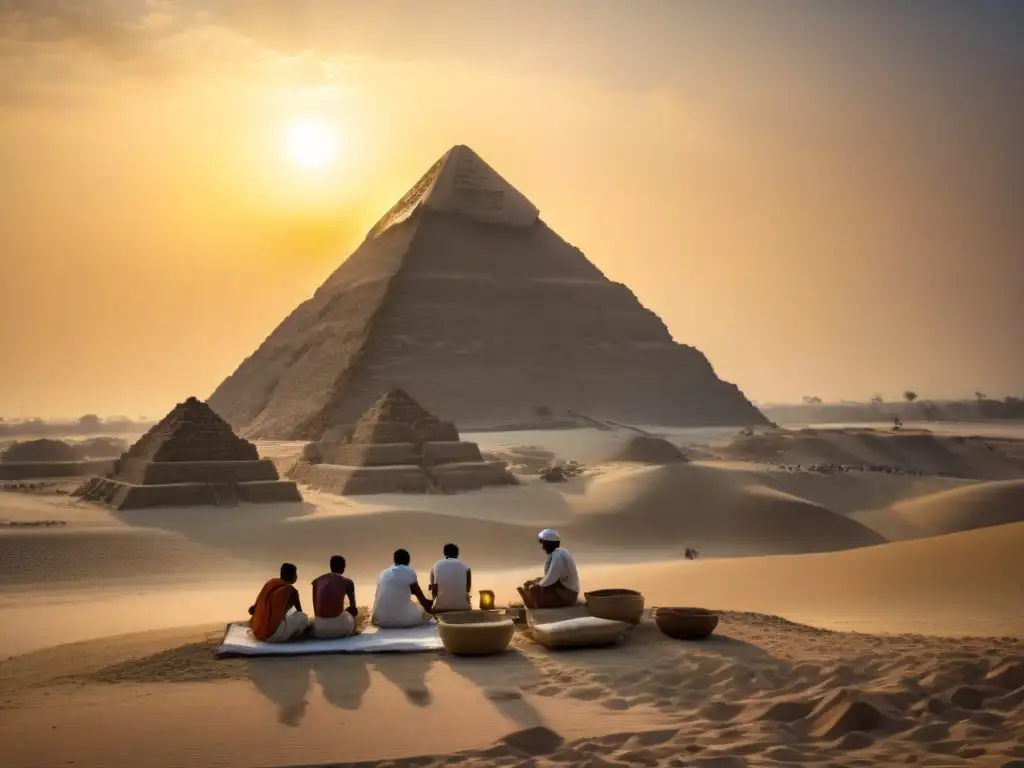 Excavación al atardecer: Misterios egipcios a orillas del Nilo Arqueólogos descubriendo misterios ancestrales del Nilo al atardecer, entre jeroglíficos y la Gran Pirámide de Giza