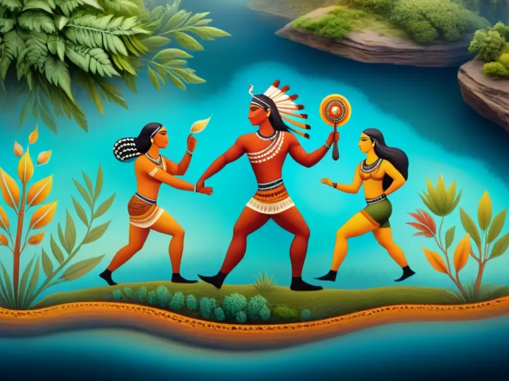 Arte aborigen: mítica escena junto al río con seres y danza ritual en exuberante entorno