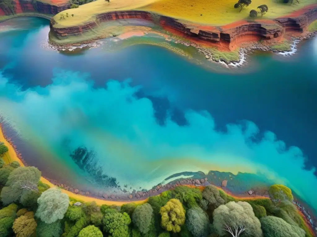 Arte aborigen: pintura detallada con mitología, ríos y criaturas místicas en vibrante paisaje