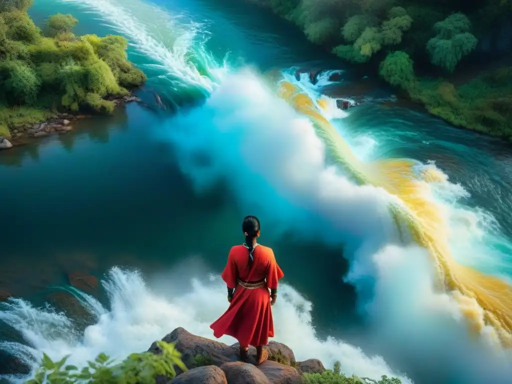Arte Indígena: Río Sagrado y Criaturas Míticas Arte indígena inspirado en ríos y cultura con criaturas míticas y símbolos tradicionales