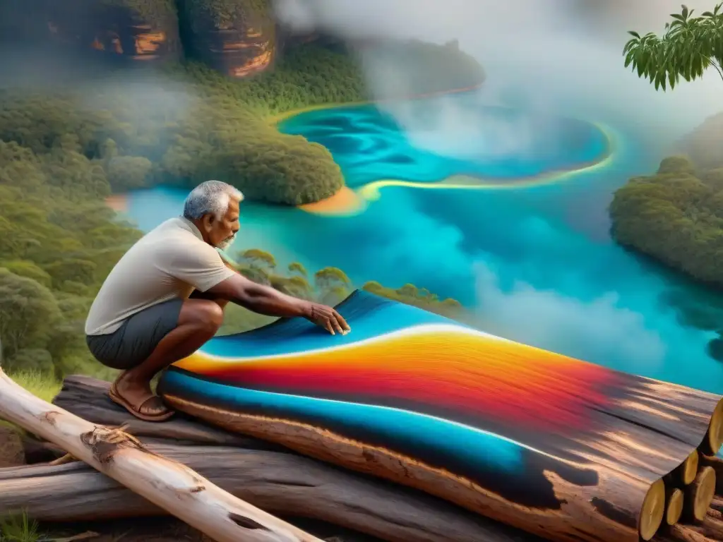 Un artista aborigen pinta con destreza una escena de río de la Mitología Dreamtime en corteza