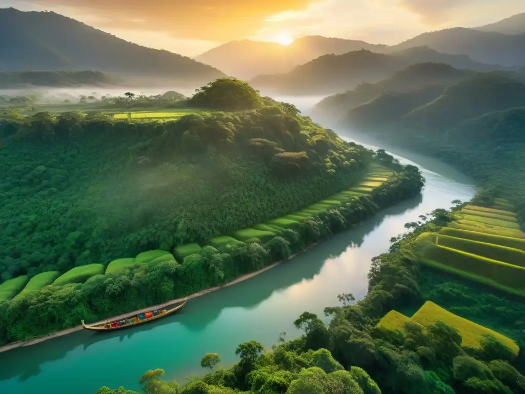 Majestuoso Río Grijalva: Cultura y Naturaleza en Chiapas Un atardecer dorado sobre el Río Grijalva, donde canoas y mitos culturales se entrelazan en el sureste de México