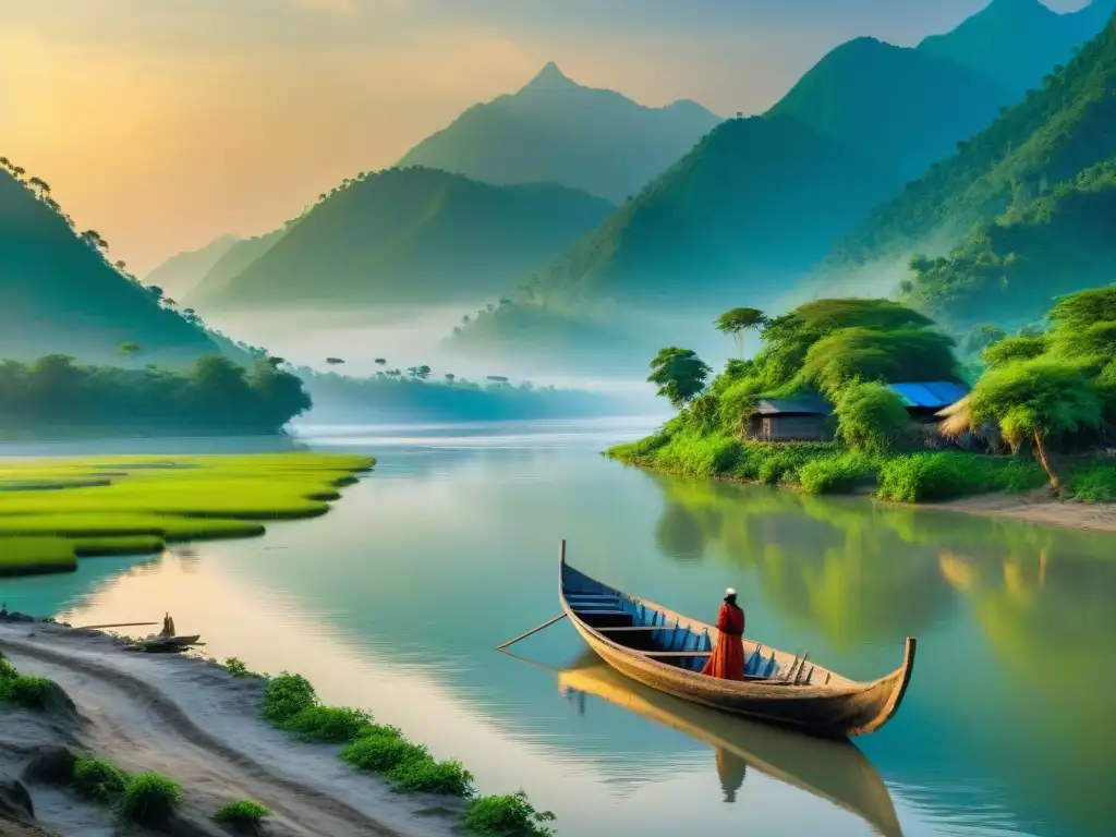Magia del río Brahmaputra: biodiversidad y cultura ancestral Atardecer dorado en el río Brahmaputra: biodiversidad y culturas ancestrales en armonía