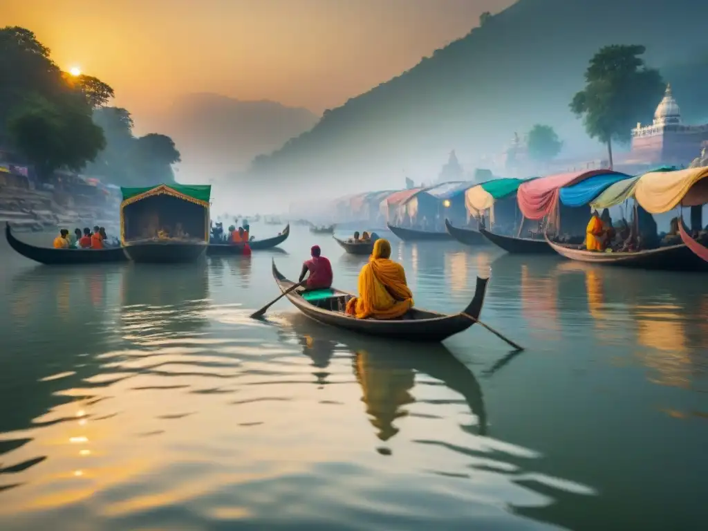 Puesta de sol sobre el sagrado río Ganges: belleza y espiritualidad Atardecer dorado sobre el sagrado río Ganges en India, con botes y peregrinos en la orilla
