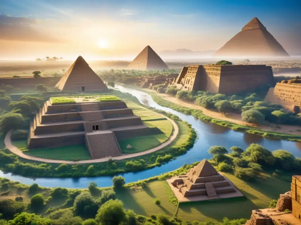 Atardecer dorado sobre los Secretos del Nilo Azul: ruinas egipcias, río brillante y naturaleza exuberante