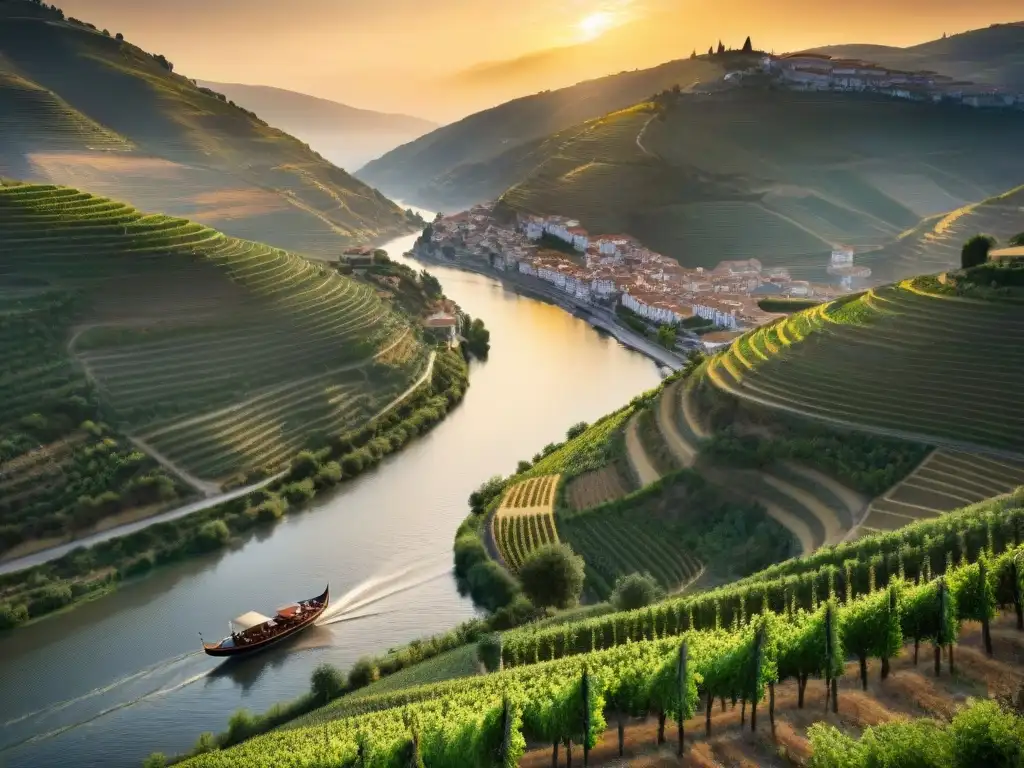 Puesta de sol dorada en el río Duero: barco Rabelo y viñedos Un atardecer dorado sobre el serpenteante río Duero, con un barco Rabelo portugués navegando