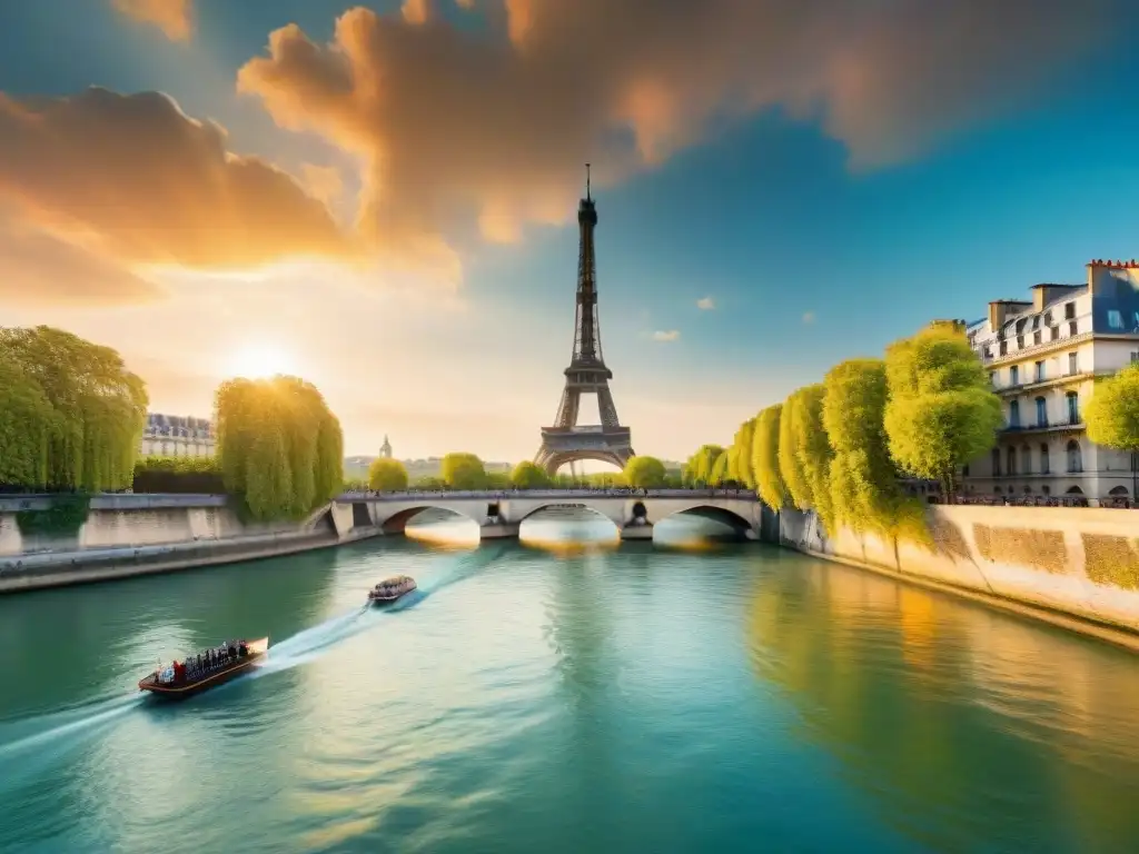 Atardecer dorado en el río Sena: la magia de París Atardecer dorado en el Río Sena con la Torre Eiffel al fondo, reflejando el significado cultural del Río Sena en París