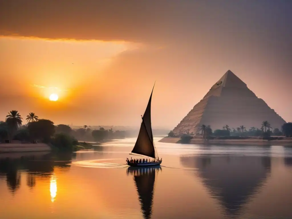 Esplendor del Nilo al atardecer: velero egipcio y paisaje antiguo Un atardecer mágico en el río Nilo, con un barco tradicional egipcio navegando