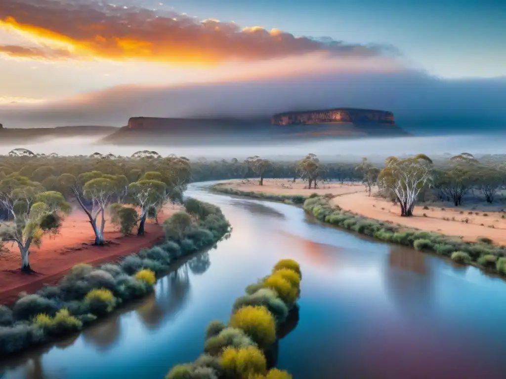Río Murray al atardecer: misterio y belleza en el outback Atardecer mágico en el río Murray de Australia, reflejando el cielo en llamas y rodeado de naturaleza