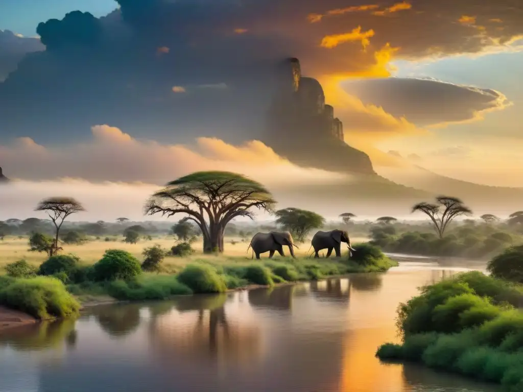 Armonía en el río Limpopo: atardecer en la sabana africana Atardecer mágico en el río Limpopo, reflejando la belleza de la naturaleza y la vida silvestre