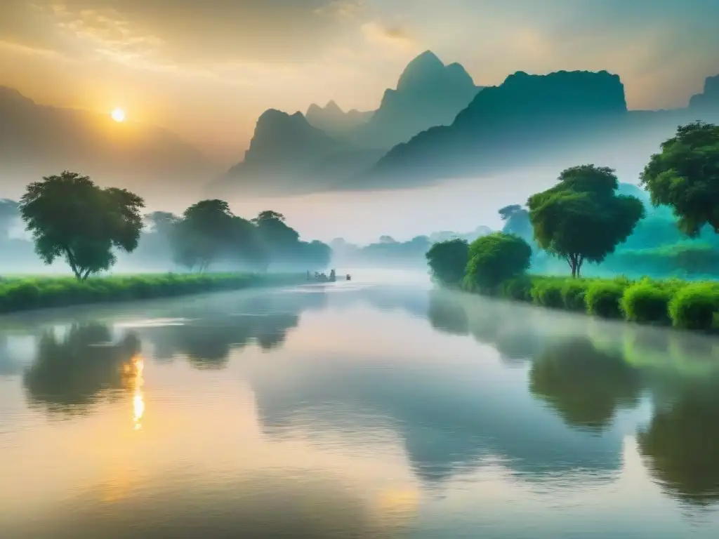 Atardecer mágico en el sagrado río Yamuna, donde devotos realizan rituales