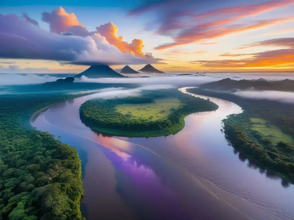 Majestuoso atardecer en el río Amazonas: colores vibrantes y serena belleza Un atardecer majestuoso en el río Amazonas, reflejando colores vibrantes y la belleza serena