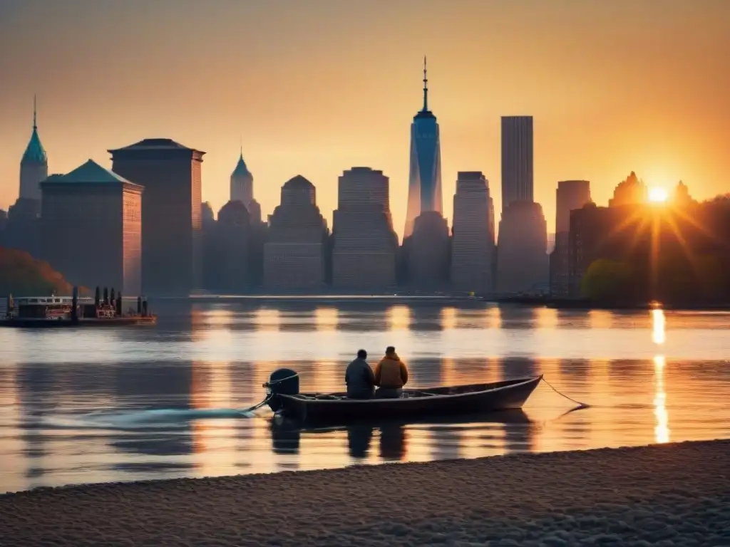 Atardecer sereno en el río Hudson con figura misteriosa Atardecer místico en el río Hudson con la silueta de un personaje mitológico observando la ciudad de Nueva York, literatura americana