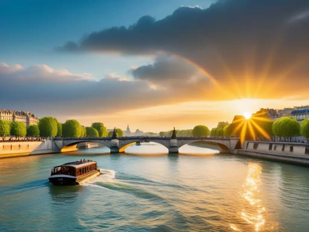 Guardianes místicos de la Seine: atardecer dorado en París Atardecer en el Sena con protectores espirituales, estatuas majestuosas y cielo vibrante en París
