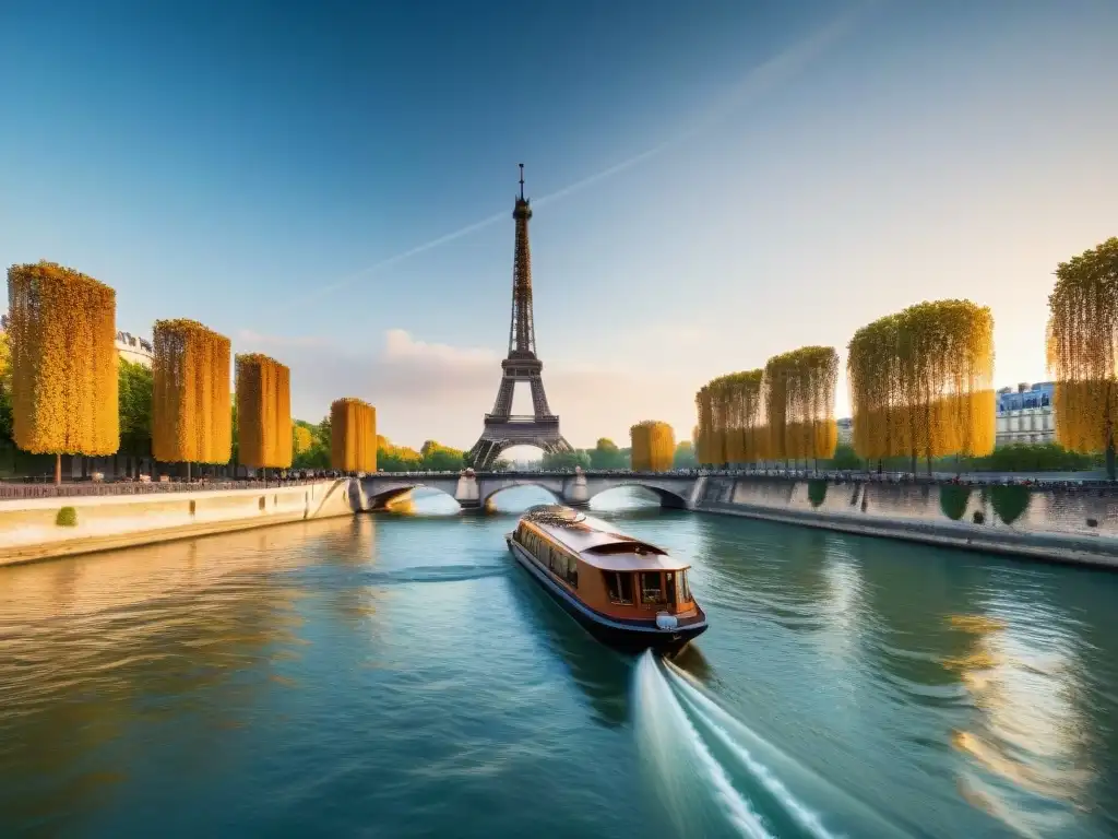 Eiffel Tower: reflejos dorados en el río Sena Un atardecer en París: la icónica Torre Eiffel reflejada en el Sereno Sena