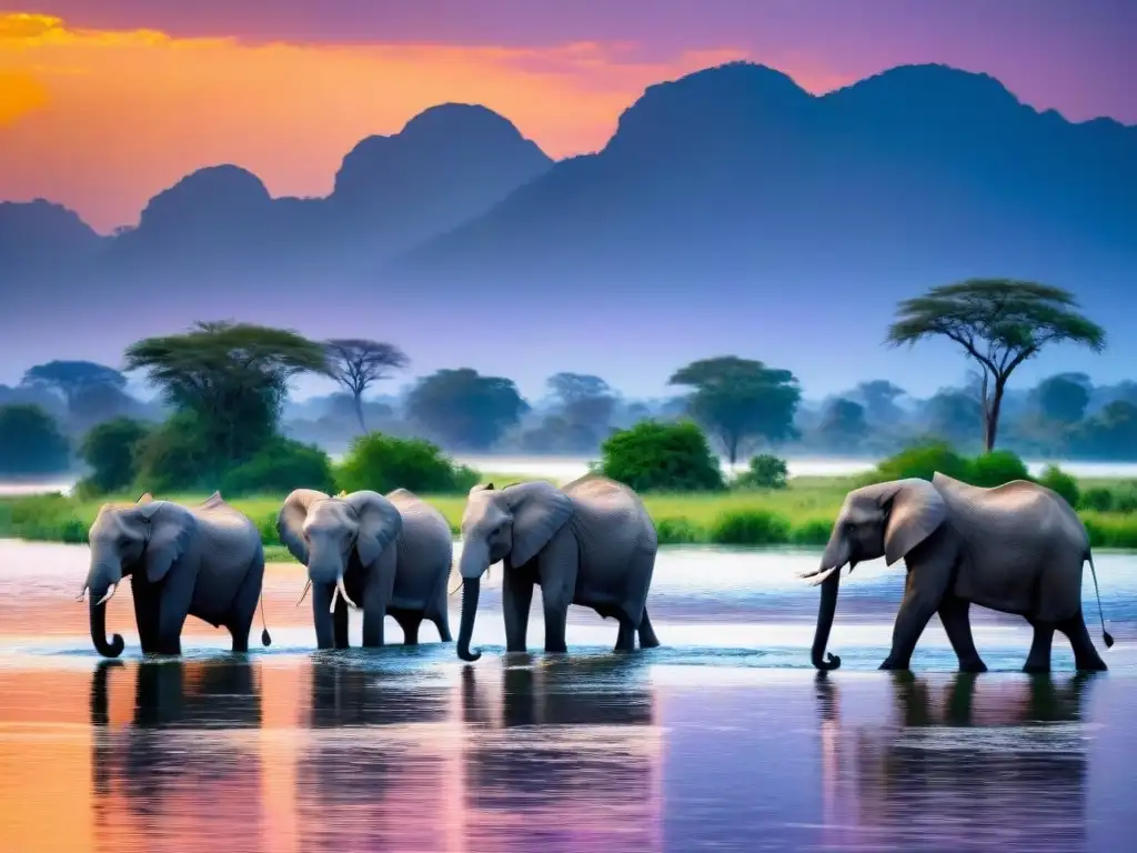 Atardecer vibrante sobre el río Zambezi: elefantes en silueta bebiendo Atardecer vibrante sobre el río Zambeze, elefantes bebiendo