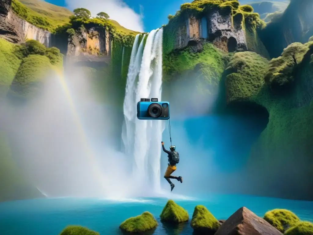 Aventura extrema: salto de cascada capturado en detalle Un aventurero intrépido salta de una cascada con una cámara resistente al agua capturando el emocionante momento