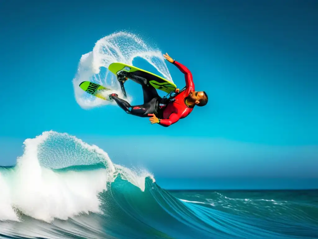 Acrobacia extrema: Kitesurfista en pleno vuelo sobre ola turquesa Un kiteboarder realizando un backflip perfecto sobre una ola turquesa, capturando la esencia de los mejores equipos deportes acuáticos