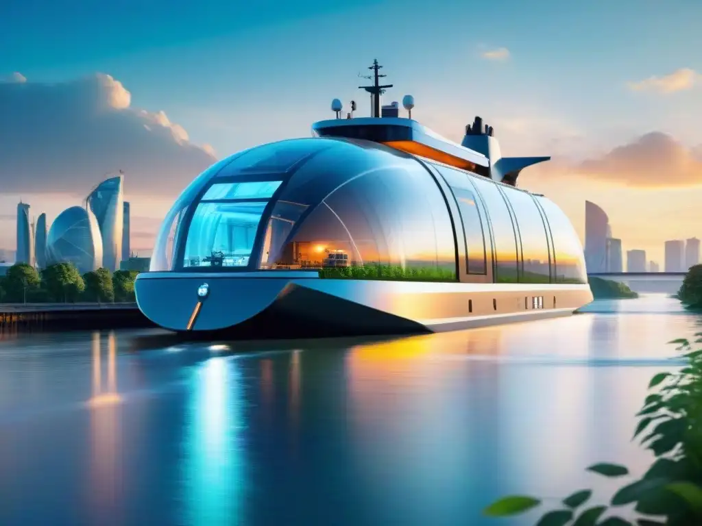 Barco de carga futurista a hidrógeno surcando río al atardecer Un barco de carga futurista alimentado por hidrógeno navegando suavemente por un amplio río al atardecer, con un diseño moderno y eficiente