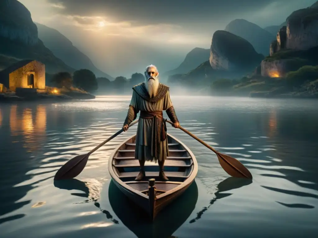 Charon, el barquero del inframundo, en el Río Styx, envuelto en misterio y oscuridad