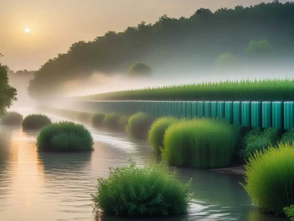 Barrera acústica moderna protegiendo la vida silvestre en el río Barreras acústicas protegiendo la fauna en un río, reflejando la armonía entre tecnología y naturaleza