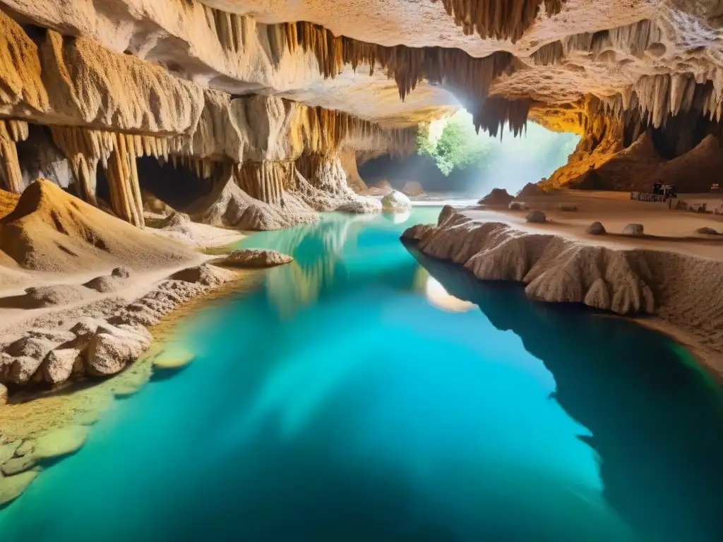 Maravilloso río subterráneo: aguas turquesas en cuevas de piedra caliza Descubre la belleza misteriosa de ríos subterráneos en cuevas de piedra caliza