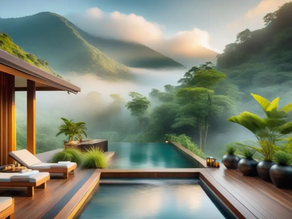Spa de montaña: relajación total en la naturaleza Beneficios para la salud en un spa junto al río, rodeado de naturaleza y montañas, transmitiendo serenidad y bienestar