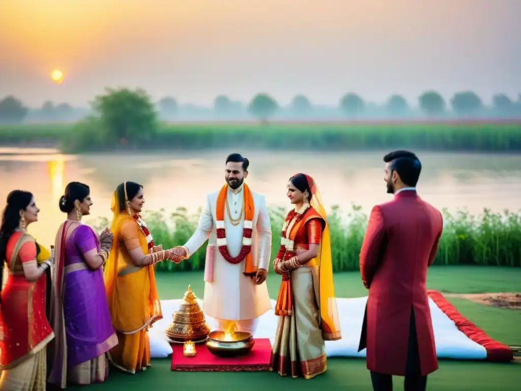 Boda Védica en el Río Yamuna: Amor y Devoción Una boda védica tradicional en las orillas del río Yamuna, con novios y sacerdotes en un escenario lleno de amor y devoción