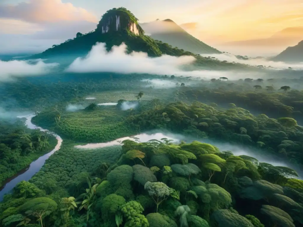 Amazonía exuberante al amanecer: biodiversidad y magia Un bosque exuberante en el Amazonas al amanecer: aves, verde vibrante, neblina y la primera luz dorada