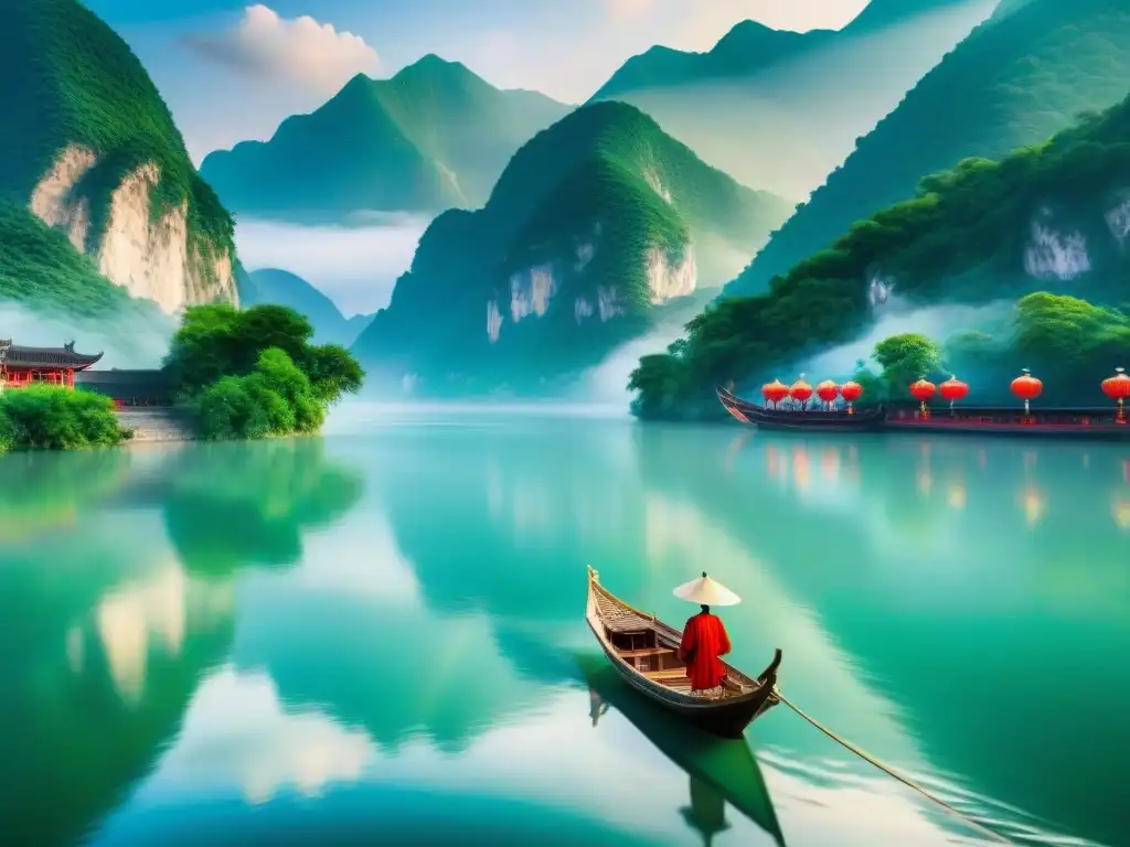 Barca china de madera en el río Yangtsé Un bote de madera chino navega sereno por el río Yangtsé, rodeado de montañas verdes y una suave neblina