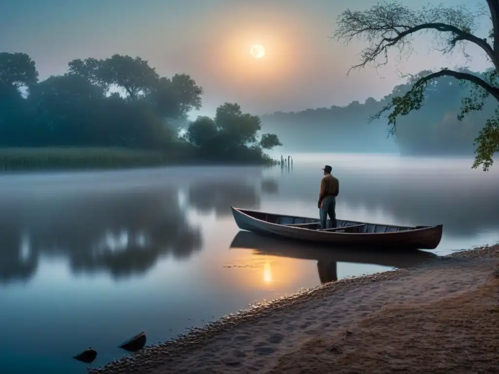 Noche misteriosa en el río Misisipi: barcaza fantasmal bajo luna llena Un bote viejo en el Río Mississippi en una noche brumosa con la luna llena creando un ambiente misterioso
